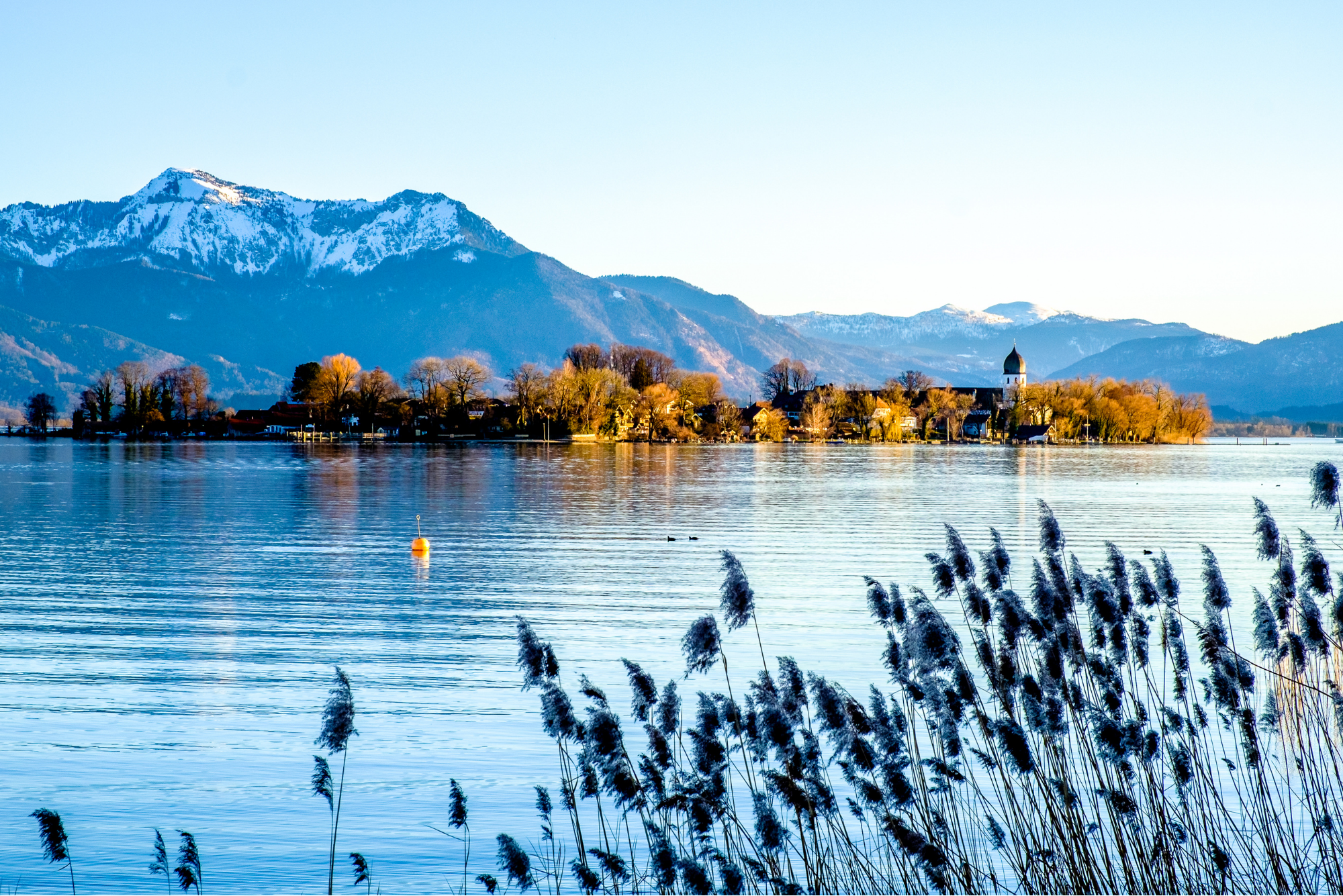 Blick auf eine Insel im Chiemsee mit Kirchturm vor winterlichem Alpenpanorama